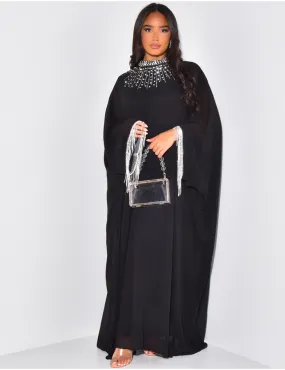 Abaya en voile fluide à strass & franges brillantes / 62271 - JEANS INDUSTRY