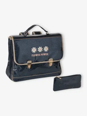 Cartable + trousse pailletés "Flower power" fille bleu nuit - Vertbaudet