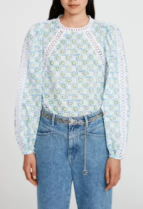 Chemise bleue imprimée à galons dentelle | Claudie FR