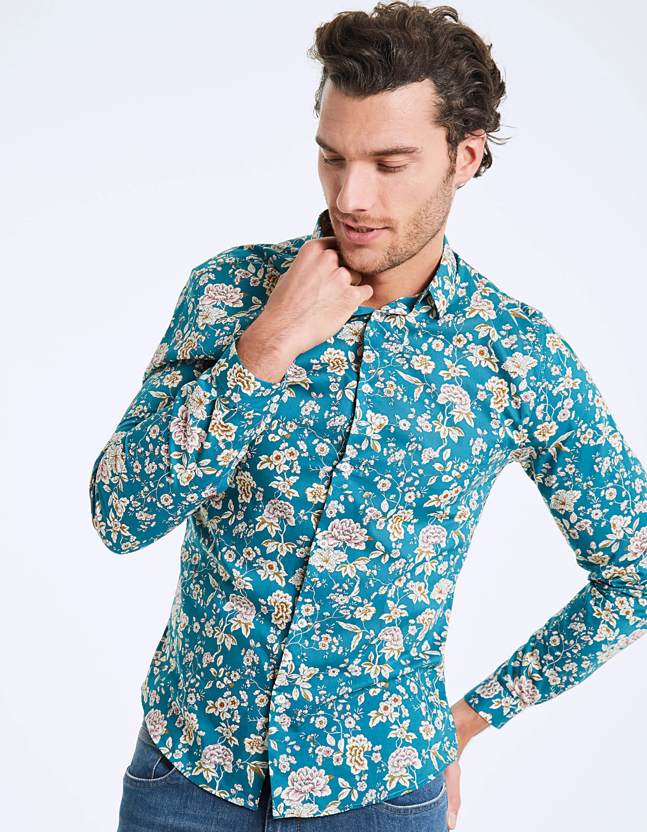 Chemise slim tissu Liberty fleurs fond turquoise Homme