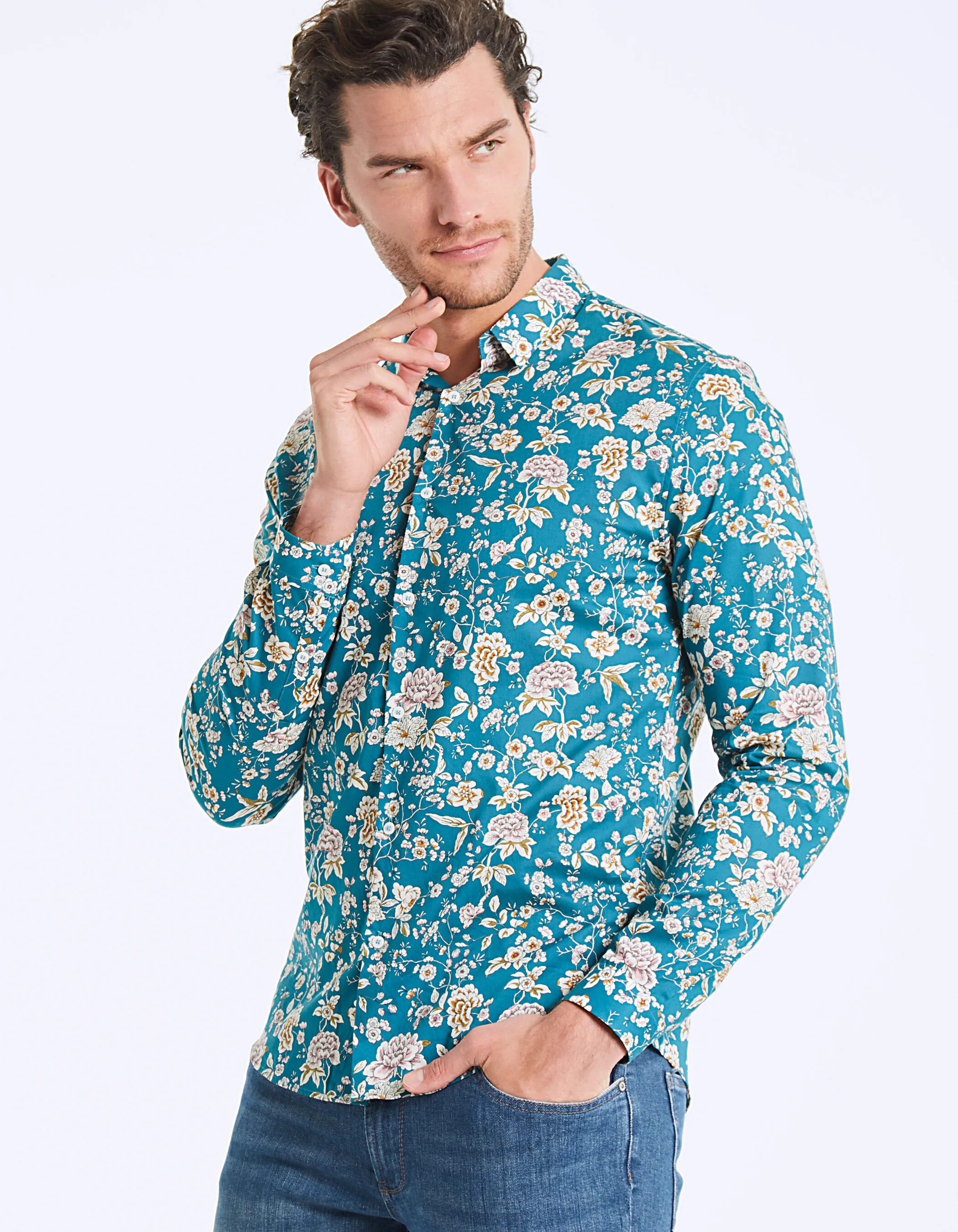 Chemise slim tissu Liberty fleurs fond turquoise Homme