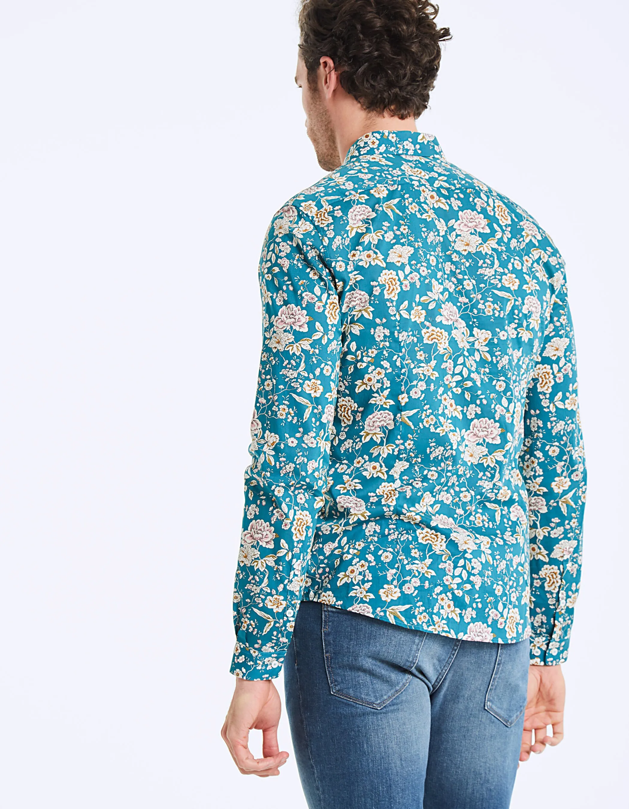 Chemise slim tissu Liberty fleurs fond turquoise Homme