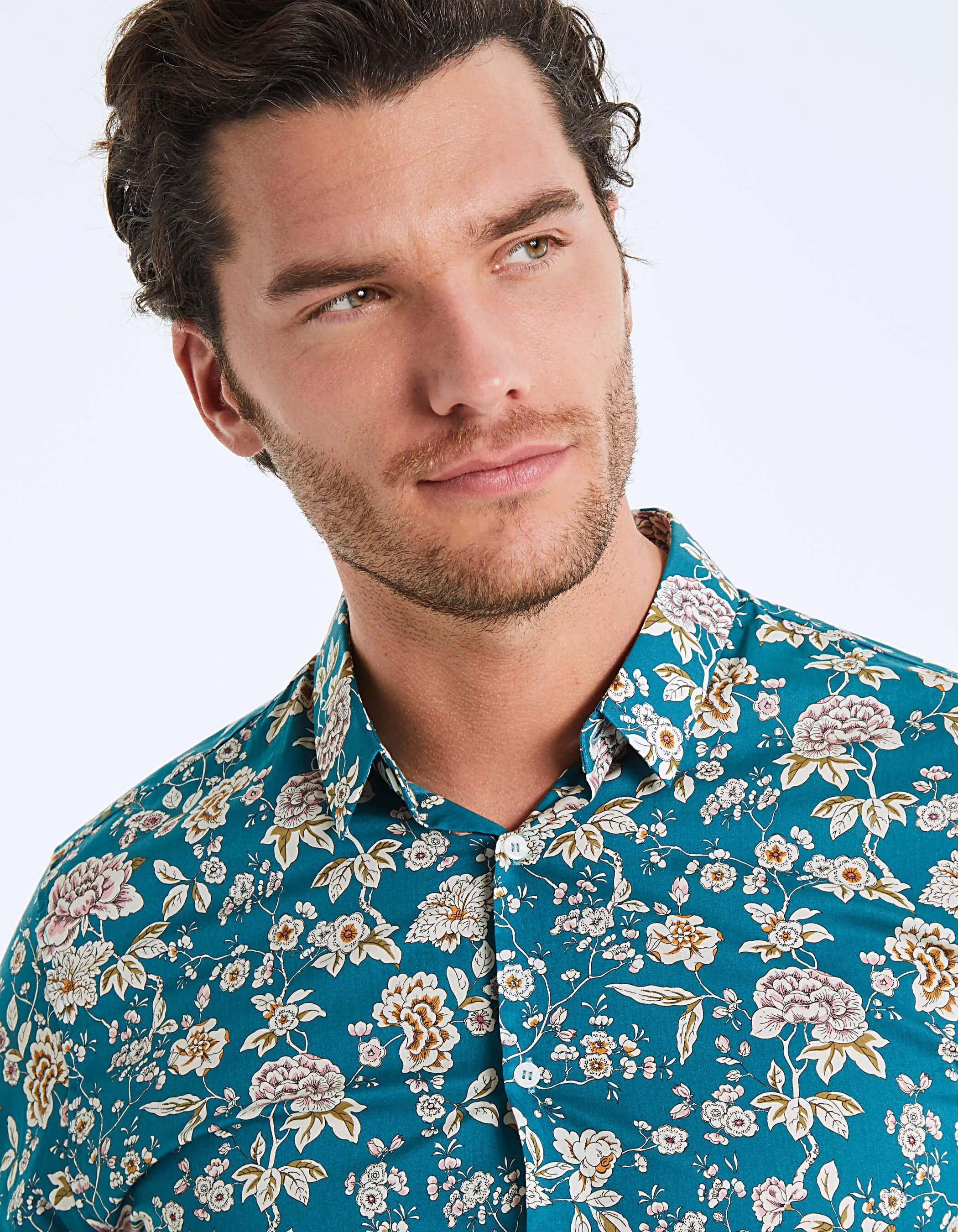 Chemise slim tissu Liberty fleurs fond turquoise Homme