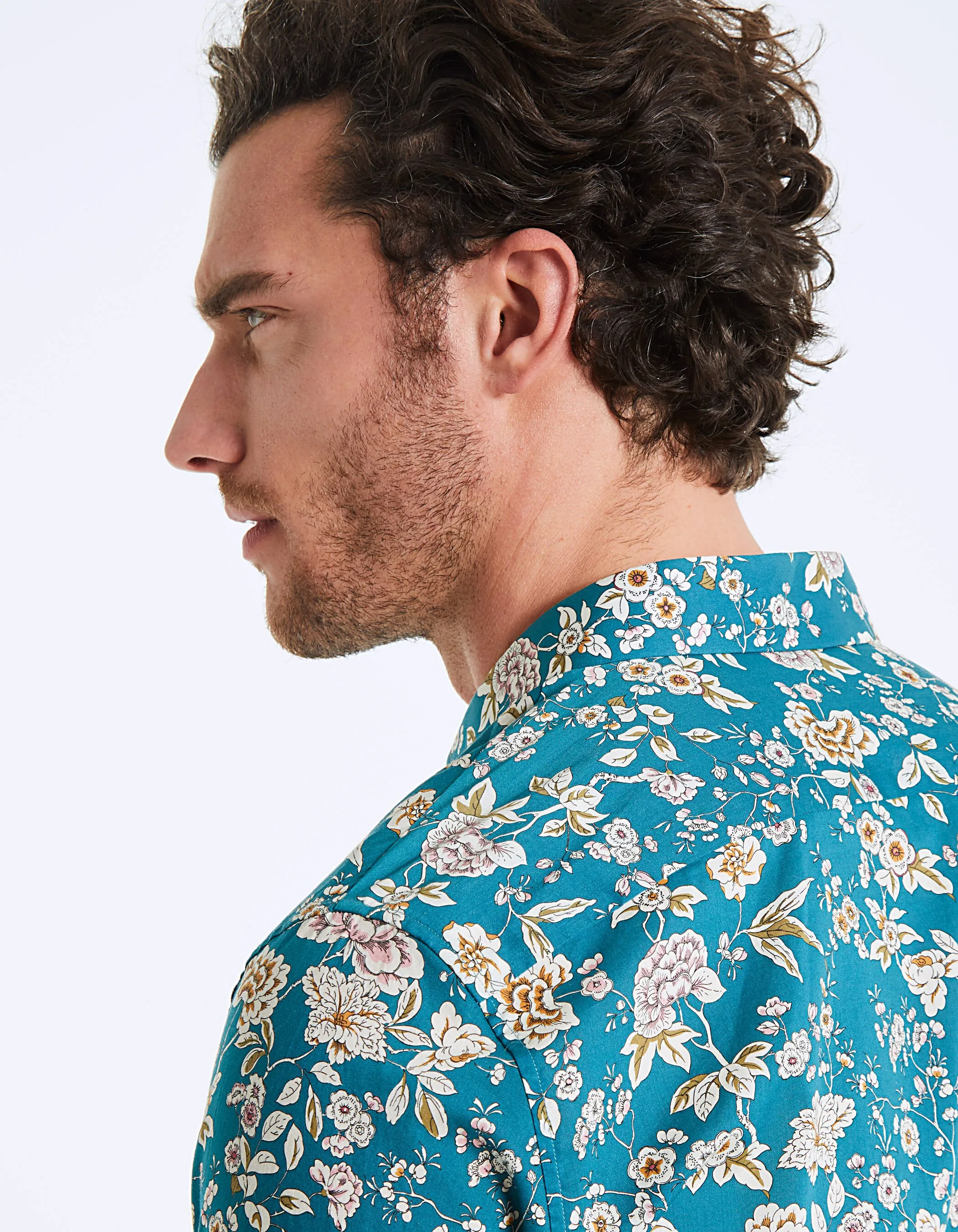 Chemise slim tissu Liberty fleurs fond turquoise Homme