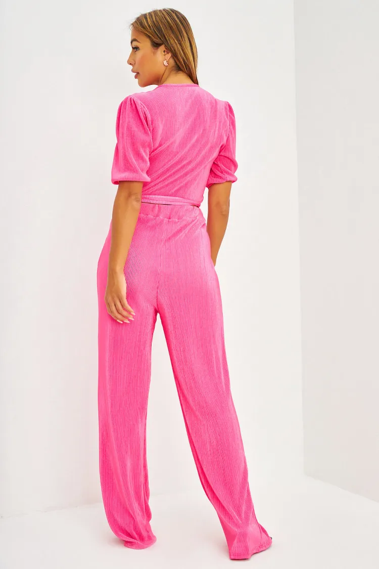 Ensemble crop top croisé + pantalon plissés rose