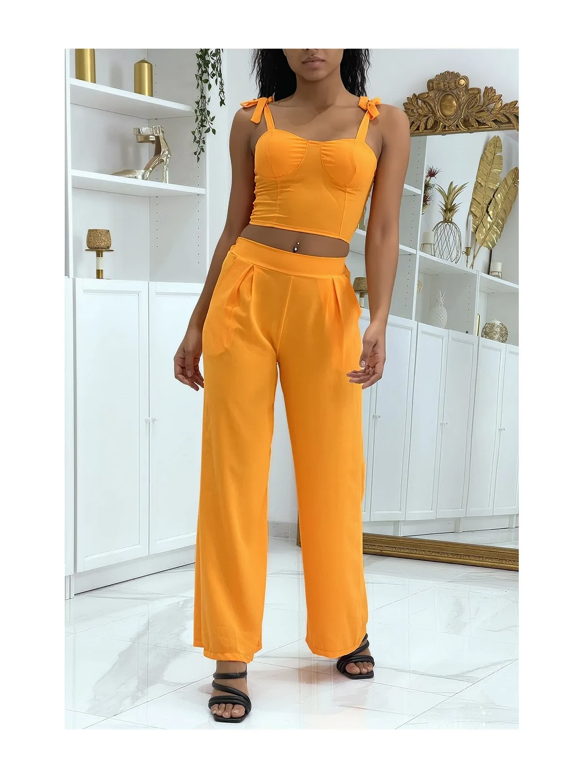 Ensemble crop top et pantalon fluide uni orange