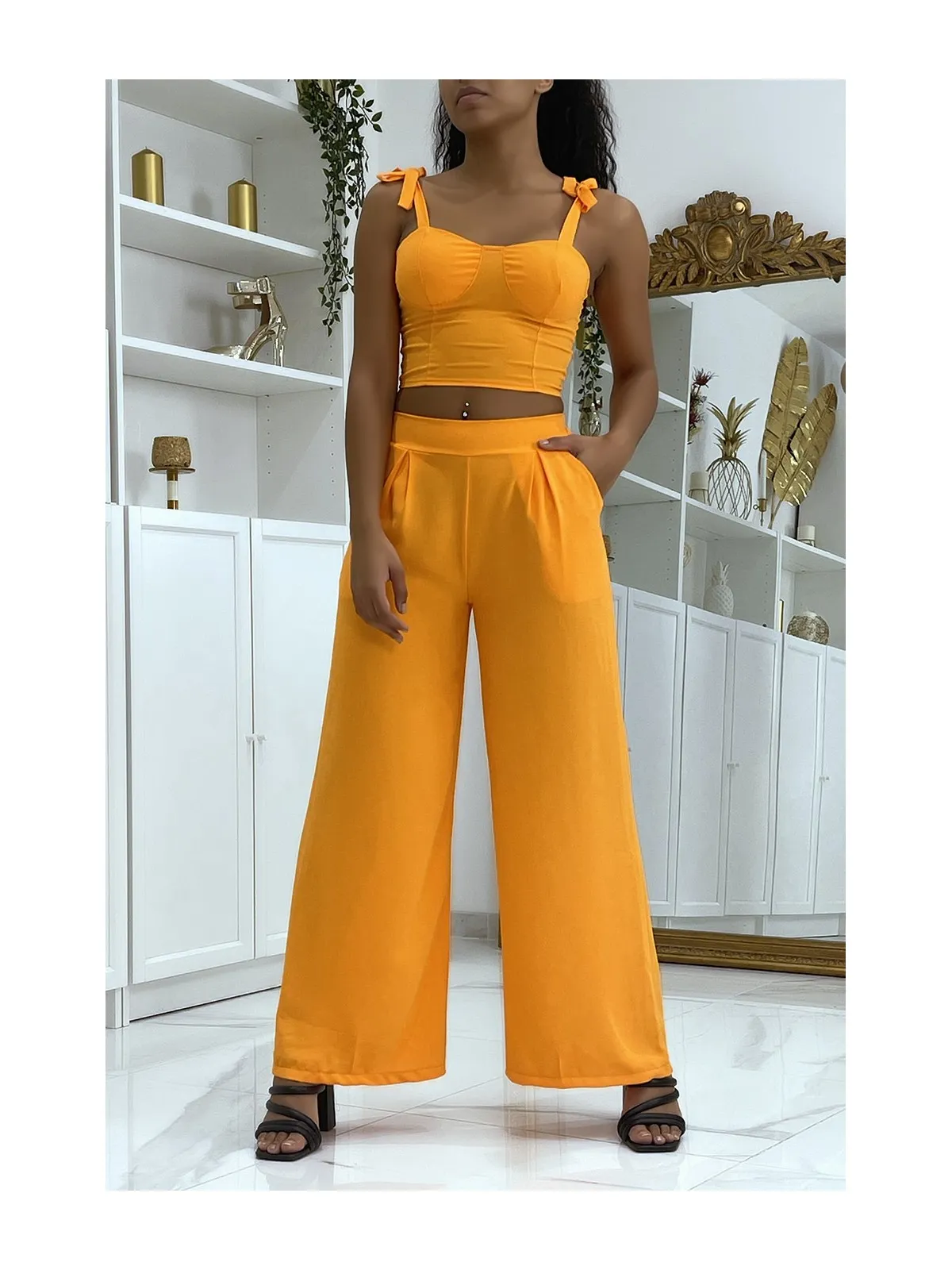 Ensemble crop top et pantalon fluide uni orange