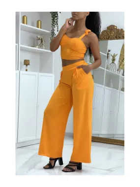 Ensemble crop top et pantalon fluide uni orange