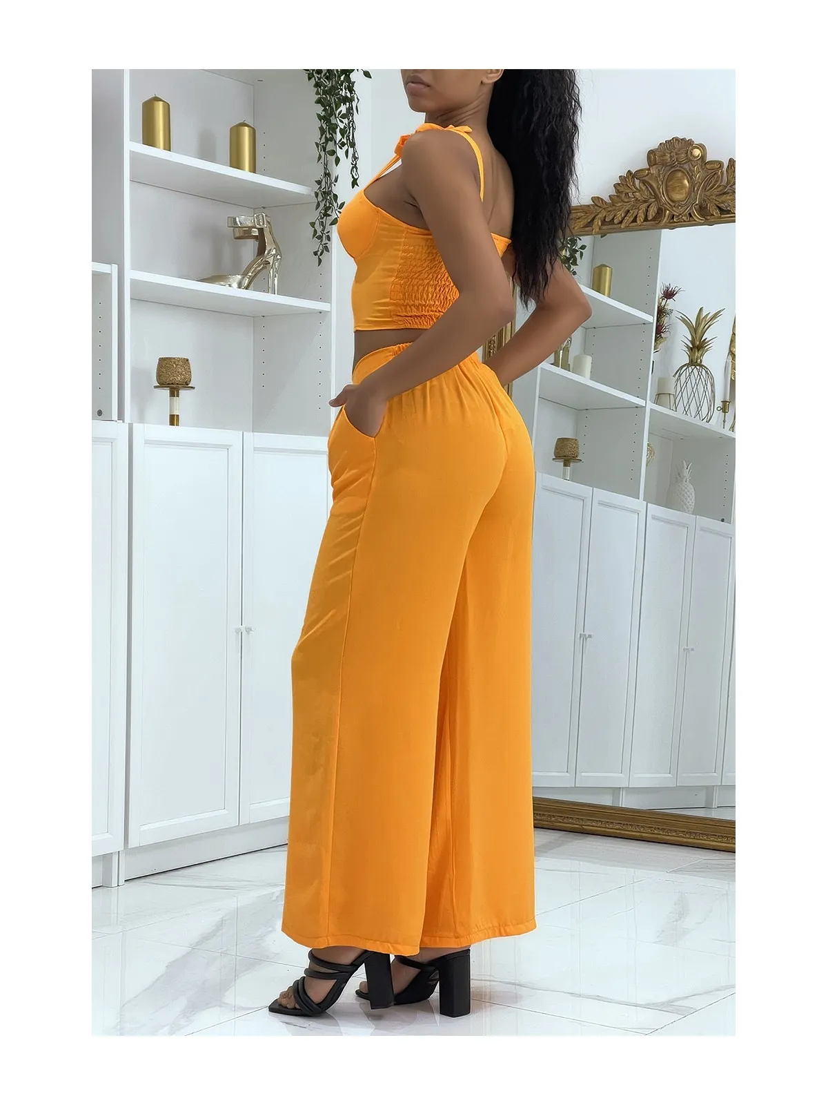 Ensemble crop top et pantalon fluide uni orange