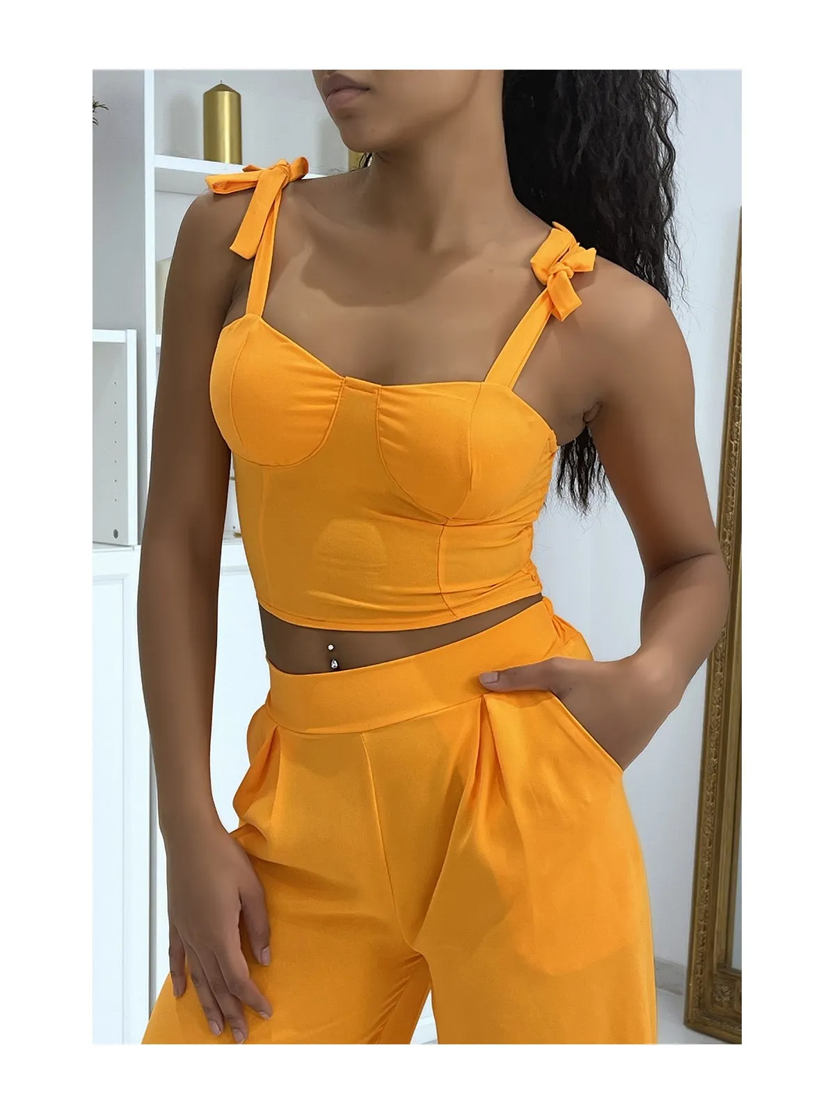 Ensemble crop top et pantalon fluide uni orange