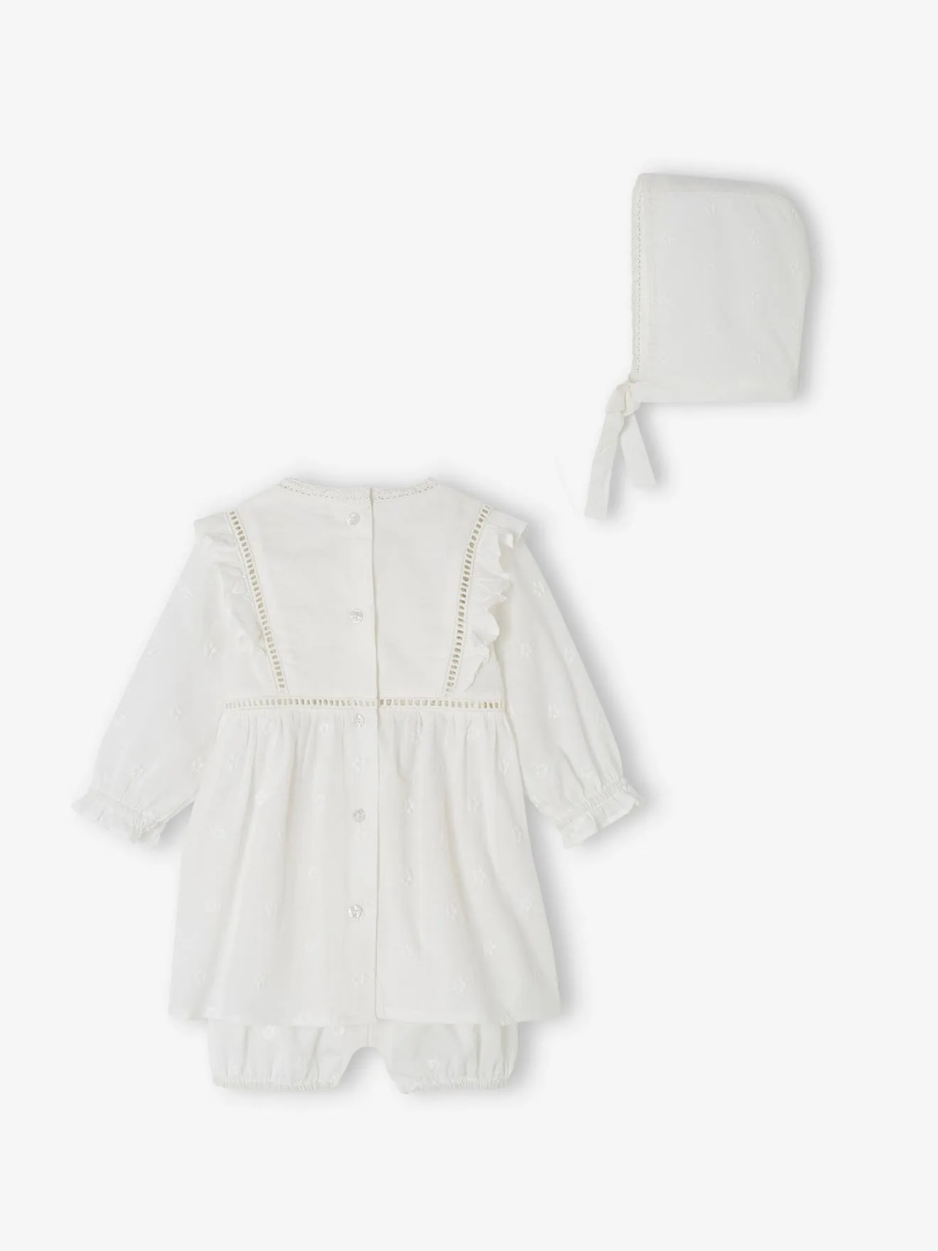 Ensemble cérémonie bébé : robe, bloomer et béguin blanc - Vertbaudet