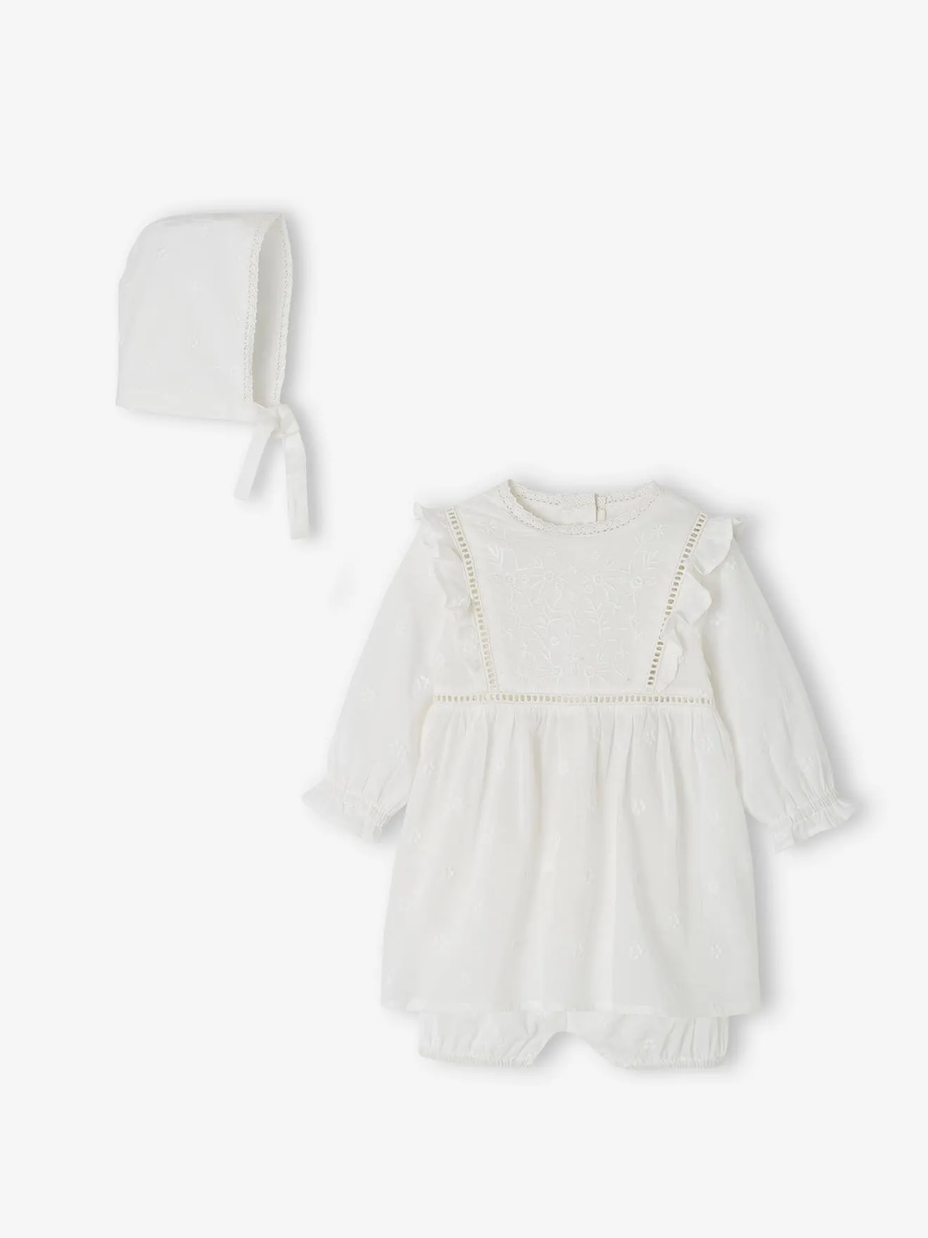 Ensemble cérémonie bébé : robe, bloomer et béguin blanc - Vertbaudet