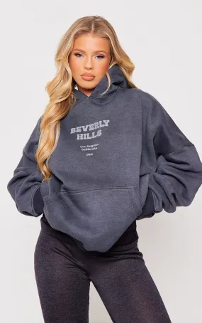 Hoodie gris anthracite délavé à imprimé Beverly Hills