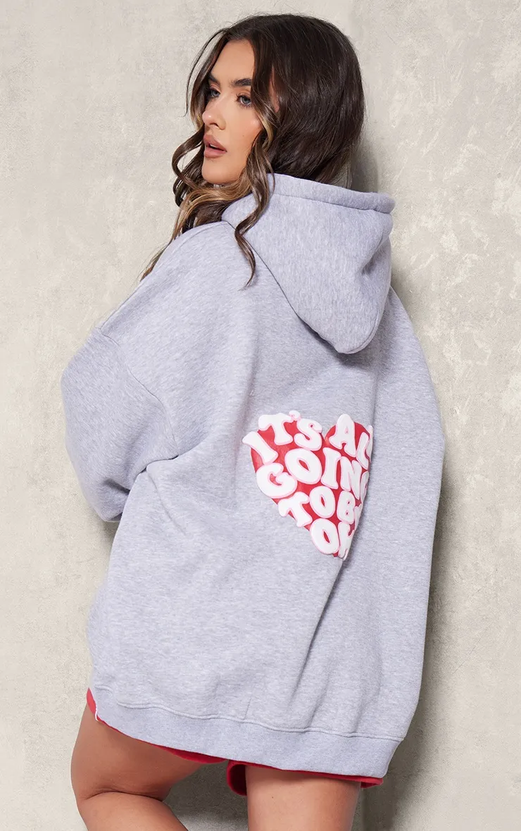 Hoodie gris chiné à imprimé coeur dans le dos en relief