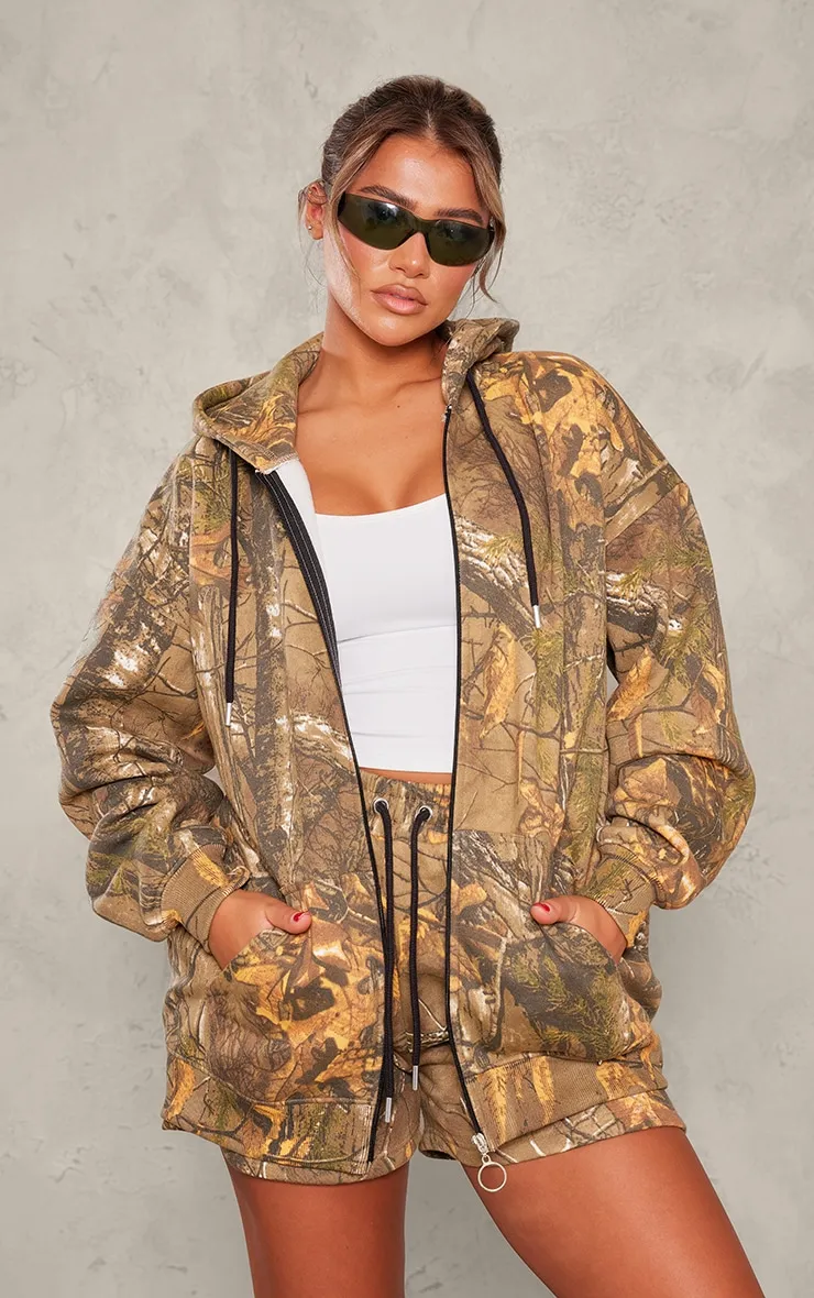 Hoodie oversize vert forêt imprimé camouflage à détail badge et zip