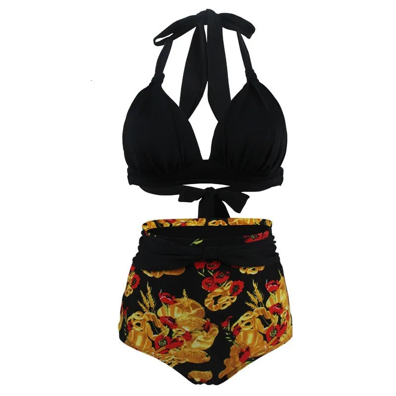 Maillot De Bain Vintage  Taille Haute Noir Fleurs