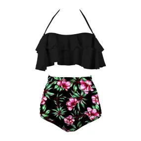 Maillot De Bain Vintage  Volant Noir Fleurs