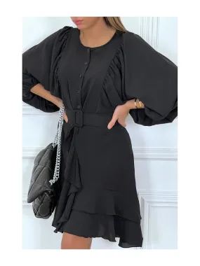 Robe chemise noire avec manches bouffante volants et ceinture