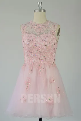 Robe de bal courte rose appliquée à dos ouvert