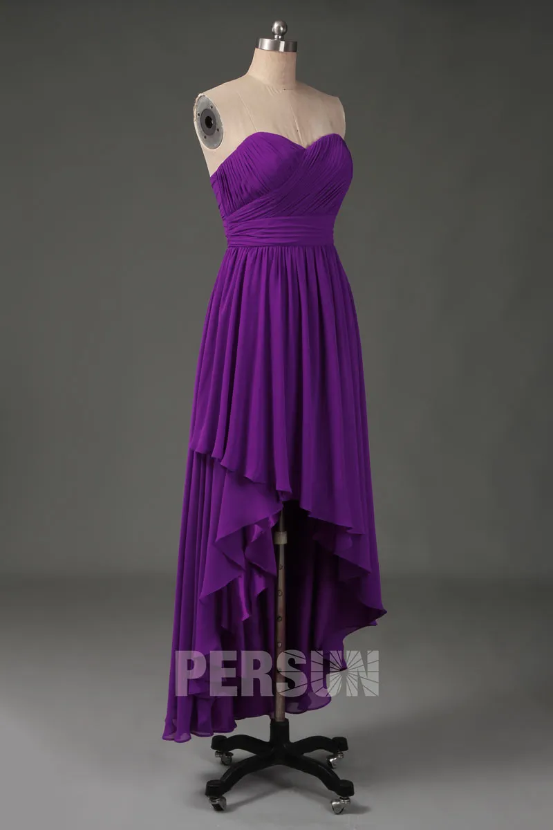 Robe violette courte devant longue derrière décolleté en coeur